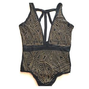 Studded BODYSUIT Black with brass studs Size M